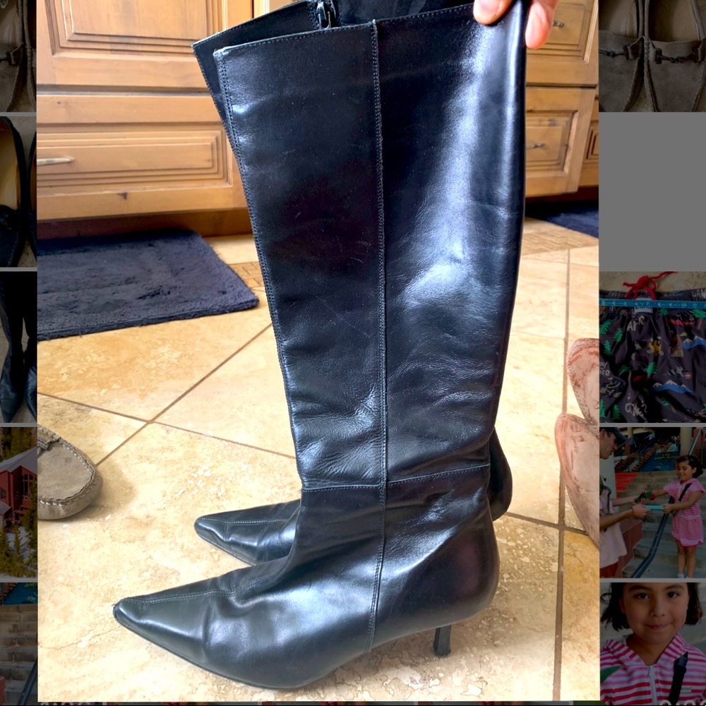 Black leather low heeled boots